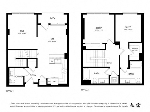 two floor plans of a house with two bedrooms and two bathrooms