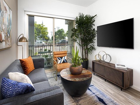 a living room with a couch and a television