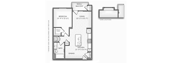 A floor plan of a small apartment with a bedroom, living room, kitchen, dining room, bathroom, and a patio/balcony.