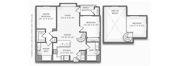 A floor plan of a house with a master bedroom, a living room, a dining room, a kitchen, a master bath, and a mezzanine.