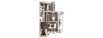 A top-down view of a small apartment with a kitchen, living room, and bathroom.