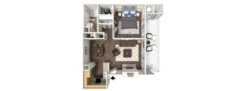 A top down view of a small apartment with a bed, desk, and cupboard.