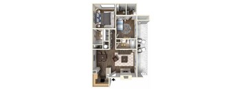 A top down view of a small apartment with a kitchen, living room, and bathroom.