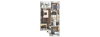 A diagram of a small apartment with a kitchen, living room, and bathroom.