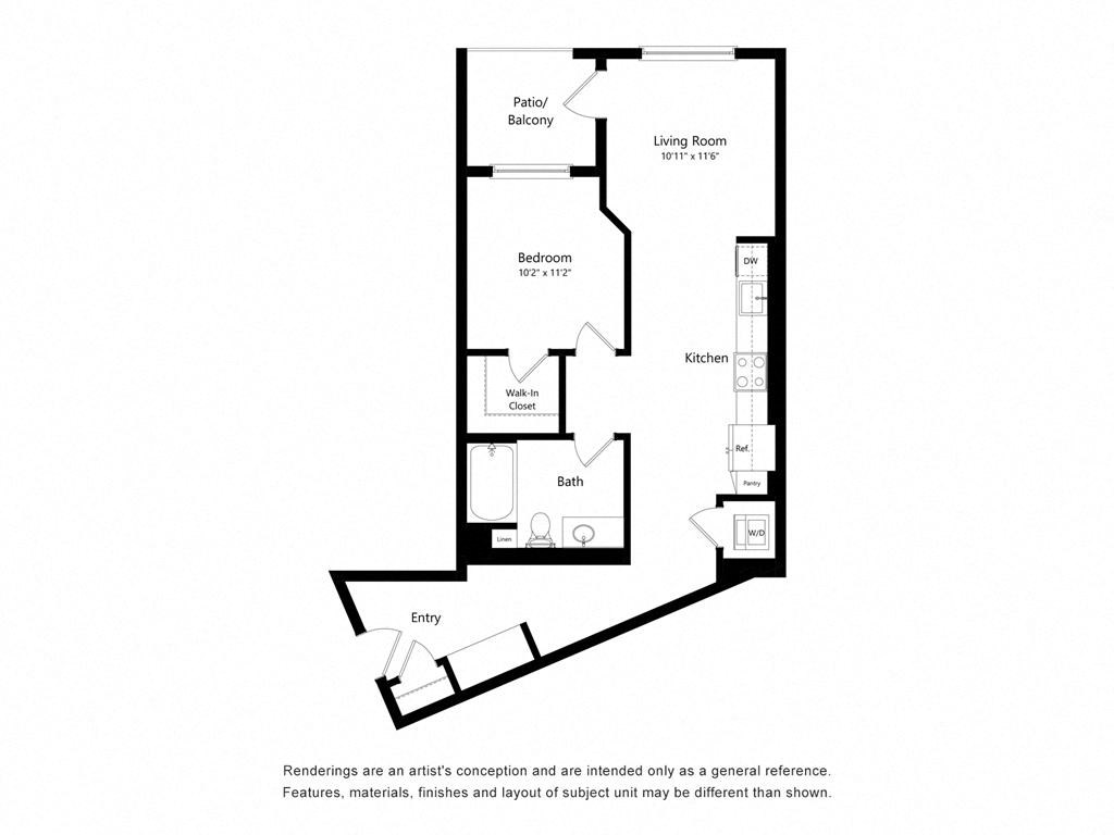a floor plan of a unit with bedroom and living room