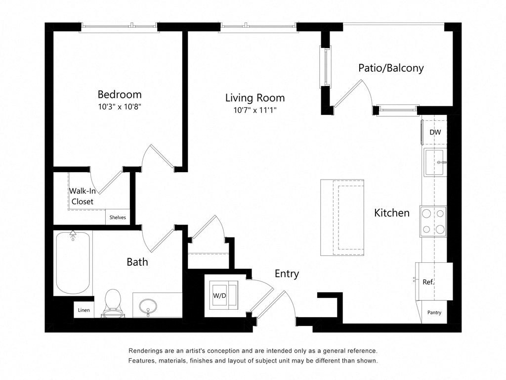 a floor plan of a unit with a bedroom and a living room