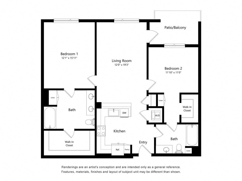 a floor plan of a bedroom apartment with an open floor plan