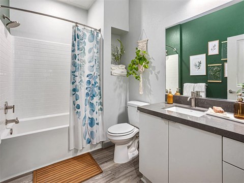 a bathroom with a shower toilet and sink