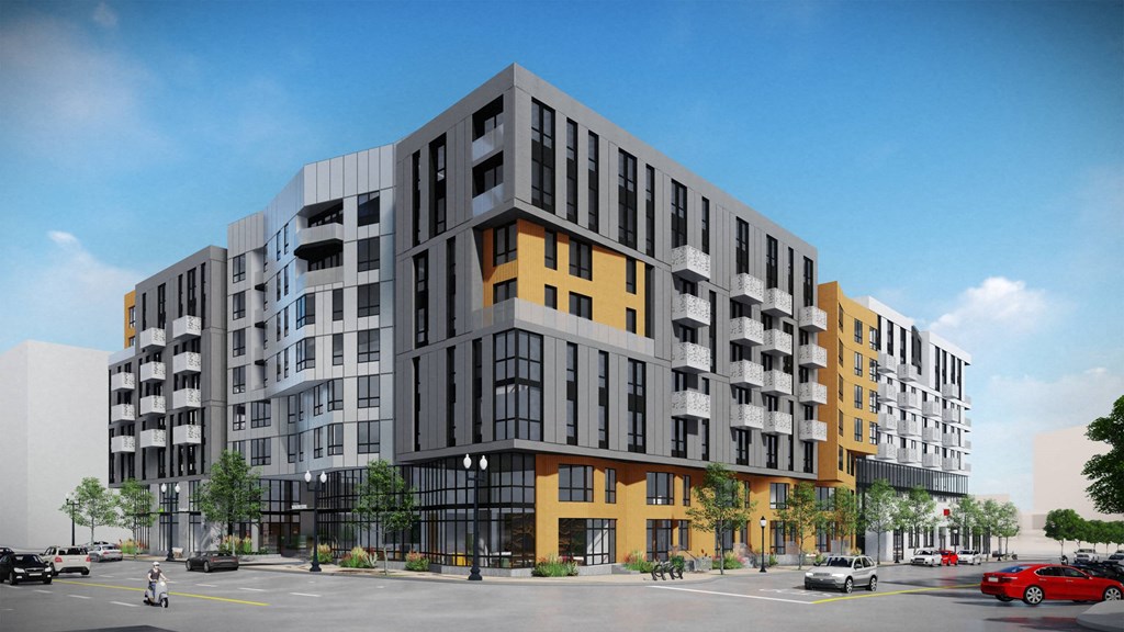 a rendering of an apartment building on a city street