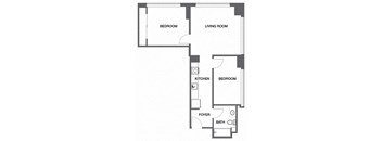 a floor plan of a house with a kitchen and a living room