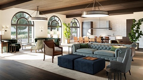 a rendering of a living room and dining room with couches and chairs