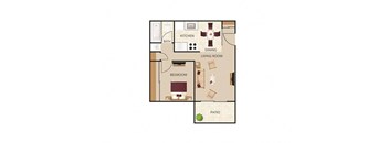 2D, overhead illustration of 1-Bedroom floor plan showing living room, bedroom, kitchen/dining, bath and patio