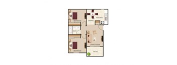 2D, overhead illustration of studio floor plan showing living room, bedroom, kitchen/dining, bath and patio