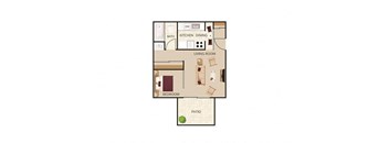 2D, overhead illustration of 1-Bedroom floor plan showing living room, 2 bedrooms, kitchen/dining, bath and patio