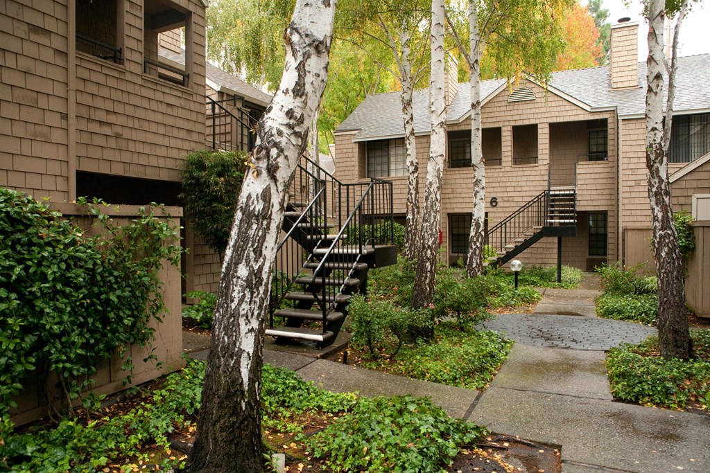 the neighborhood is full of houses with stairs and trees
