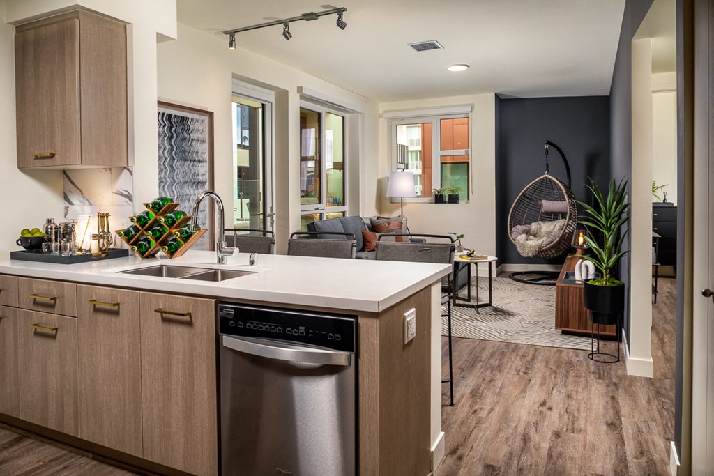a kitchen and living room with a sink and a dishwasher
