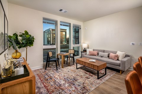 a living room with a couch and a coffee table