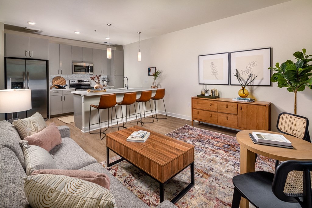 Living room with kitchen view