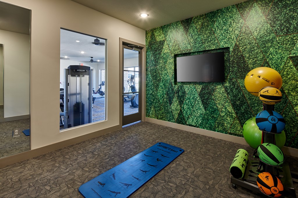 a fitness room with a yoga mat and a television on the wall and a gym