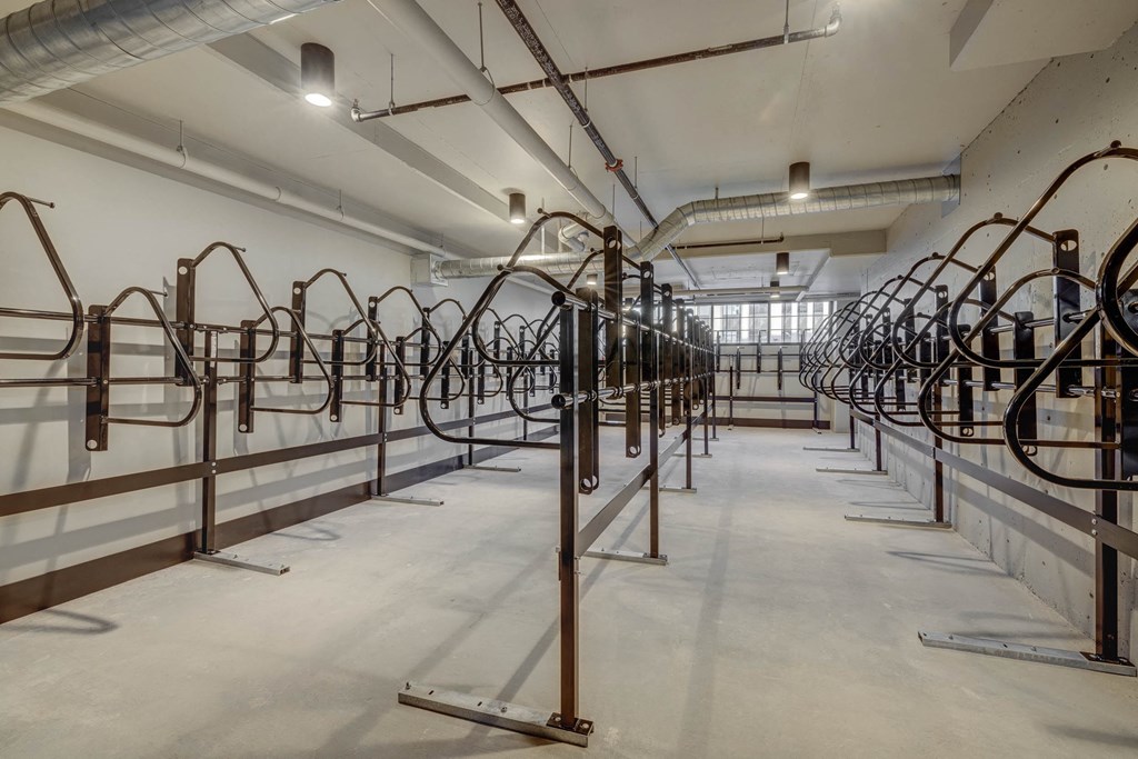 a long row of water pipes in a building