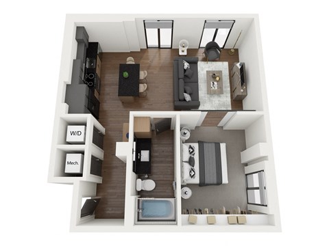 a 3d floor plan of a bedroom with a living room