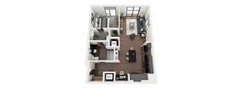 a stylized floor plan with a bedroom and a living room