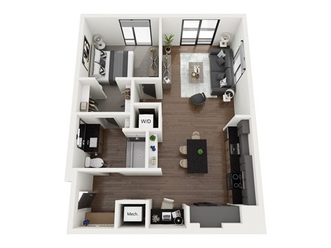 a stylized floor plan with a bedroom and a living room