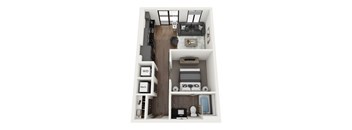 a stylized floor plan with a bedroom and a living room