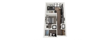 a stylized floor plan with a bedroom and a living room
