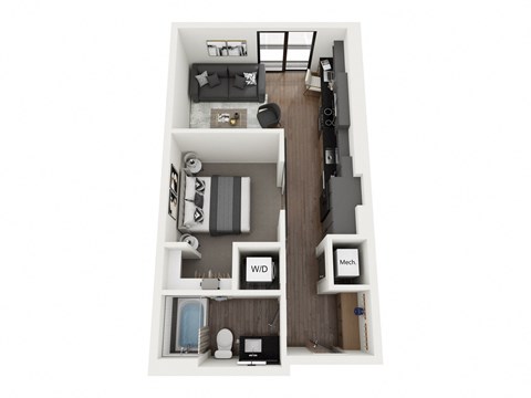 a stylized floor plan with a bedroom and a living room