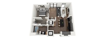 the 1190 sq ft studio floor plan with bedroom and living room