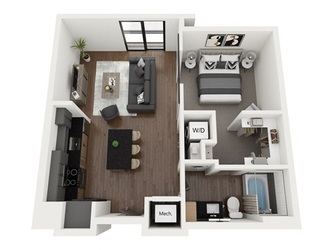 a 3d drawing of a bedroom with a wood floor