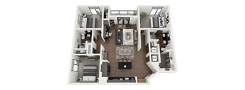 an overhead view of a 2 bedroom floor plan of a house