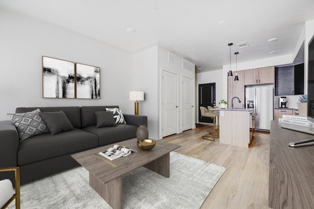 a living room with a couch and a coffee table