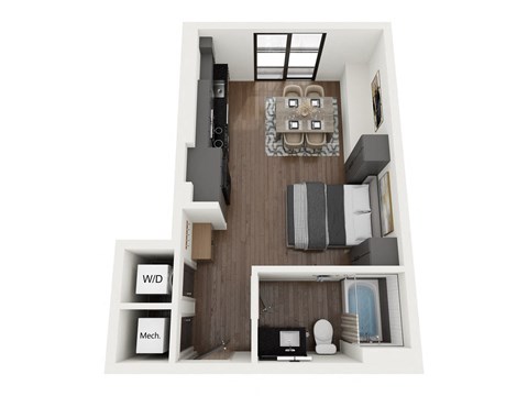 a 1 bedroom floor plan with a bathroom and a living room