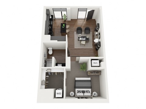 a 3d floor plan of a 2100 sq ft studio