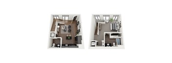 a stylized floor plan with a bedroom and a living room