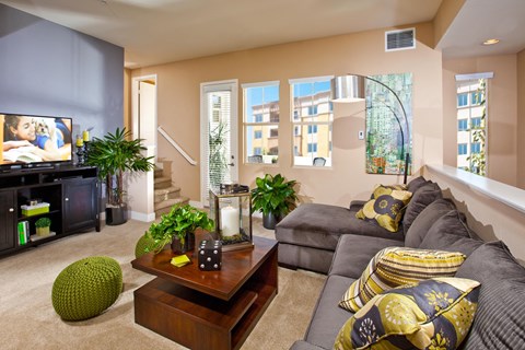 A living room with a grey couch and a green ball on the floor.