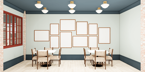 A dining room with a table set for six.