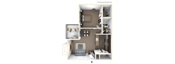 A 3D floor plan of a small apartment with a living room, kitchen, and bedroom.
