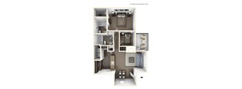 A floor plan of a small apartment with a kitchen, living room, and bedroom.