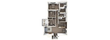 A floor plan of a small apartment with a kitchen, living room, and bedrooms.