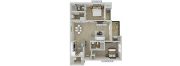 A floor plan of a small apartment with a kitchen, living room, and two bedrooms.