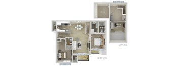 A floor plan of an apartment with a living room, kitchen, and two bedrooms.