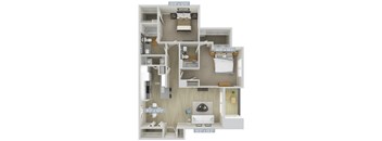 A floor plan of an apartment with a kitchen, living room, and two bedrooms.