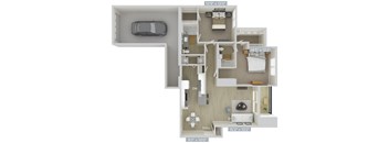 A floor plan of an apartment with a car parked in the garage.