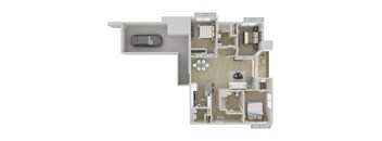 A floor plan of a house with a garage and a car.