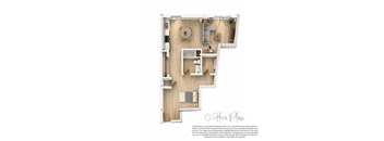 A floor plan of a small apartment with a kitchen, living room, and bathroom.