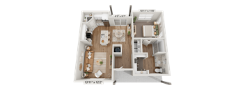 A 3D floor plan of a house showing a living room, kitchen, and two bedrooms.