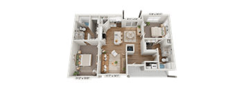 A 3D floor plan of a two-bedroom apartment with a living room, kitchen, and bathroom.